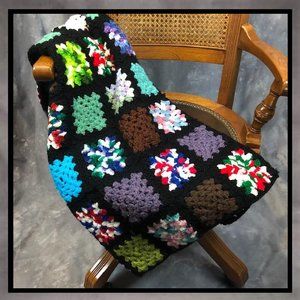 Vintage Granny Square Afghan Hand Crochet ~ Pink, Black, Blue & More